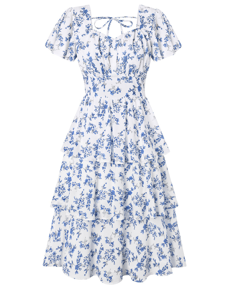belle poque Vintage Dress 2026 Summer Layered Tiered Ruffle Swing Midi Dress Blue Floral