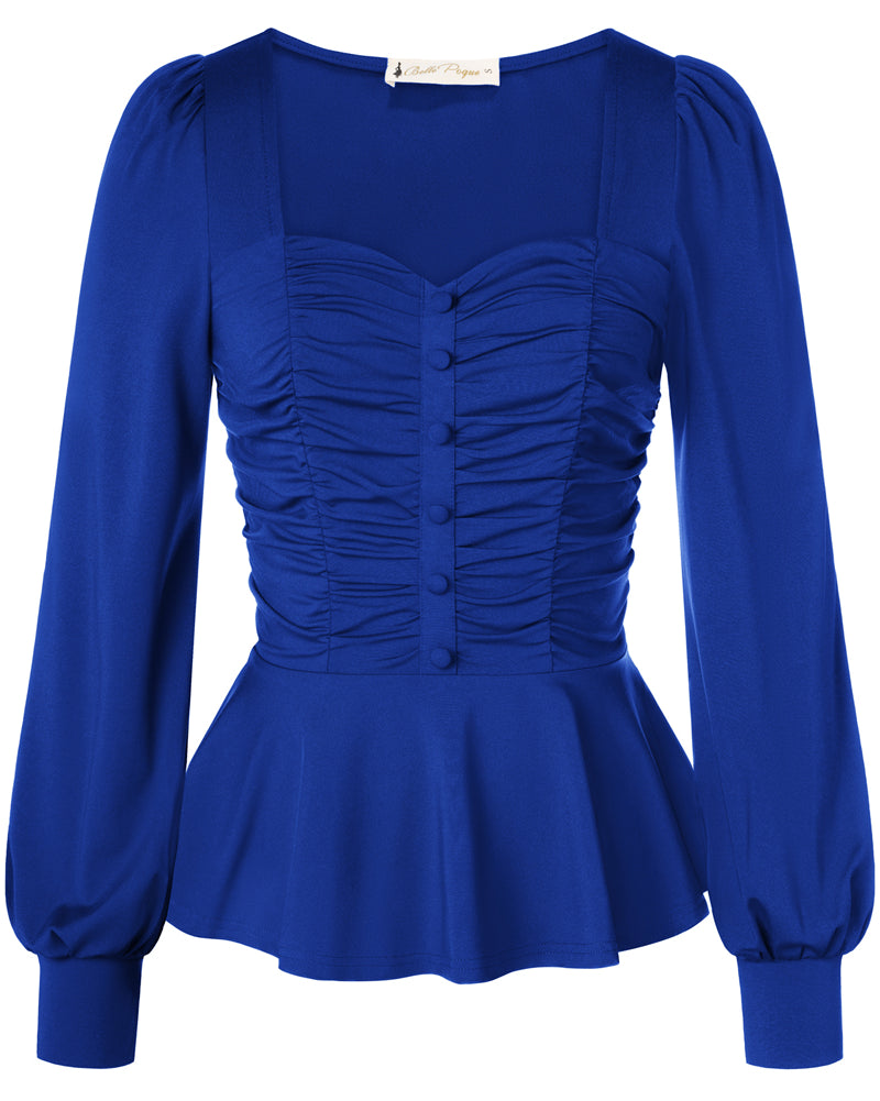 belle poque Women Vintage Ruched Tops Puffed Long Sleeve Peplum Hem Tops Blue