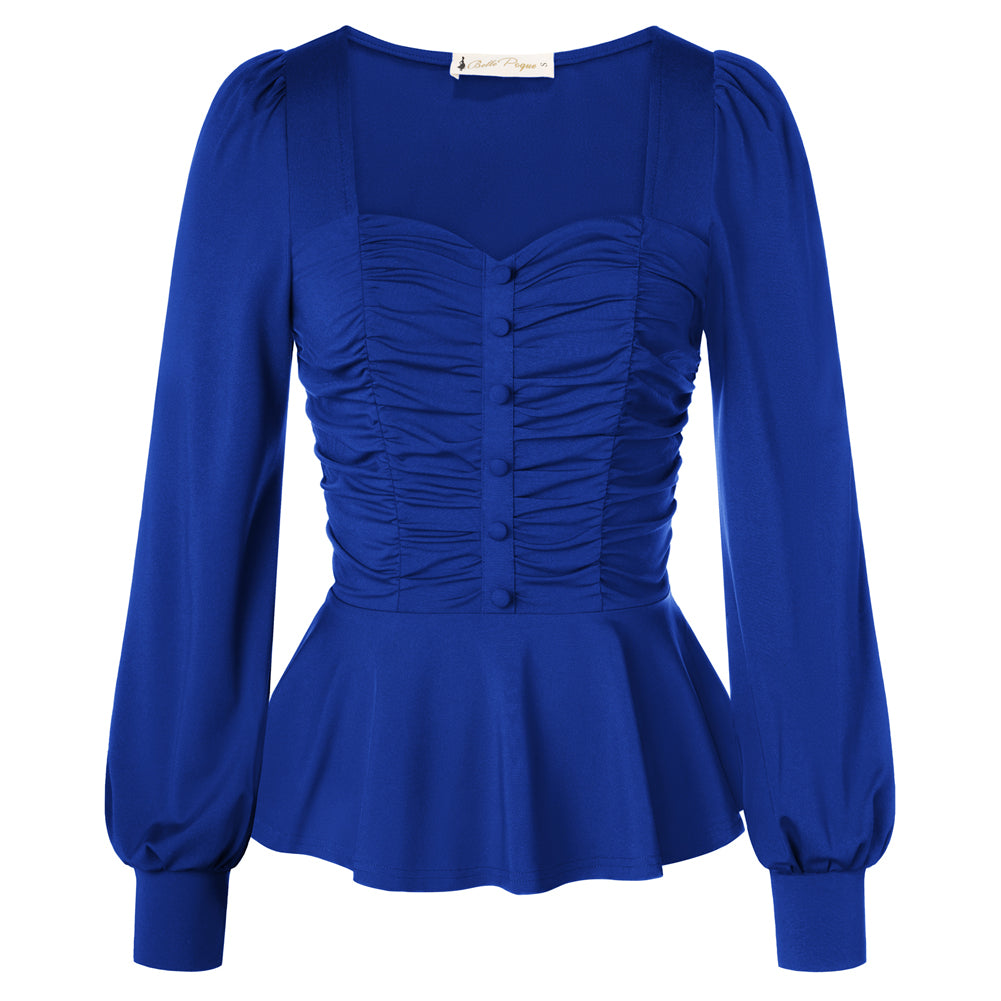 belle poque Women Vintage Ruched Tops Puffed Long Sleeve Peplum Hem Tops Blue