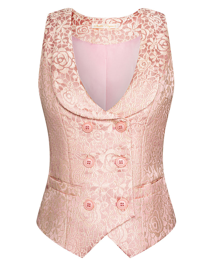 belle poque Vintage Floral Printed Double Breasted Vest Deep V-Neck Handkerchief Hem Vest Coat Pink