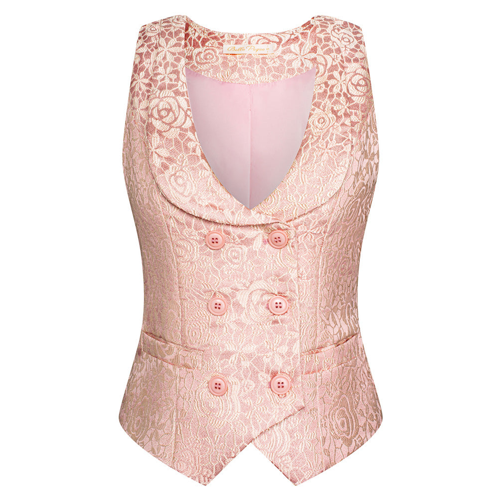 belle poque Vintage Floral Printed Double Breasted Vest Deep V-Neck Handkerchief Hem Vest Coat Pink