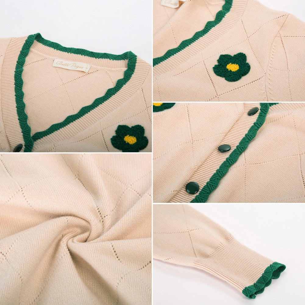 belle poque Long Sleeve V-Neck Button Down Cropped Sweater Cardigan