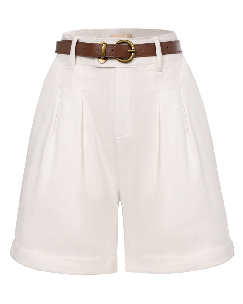 belle poque Elastic Waist Fold-up Leg Opening Short Jeans White