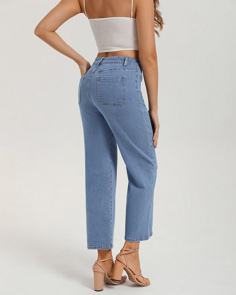 belle poque Women's Straight Leg Jeans Mid Rise Wide Leg Denim Pants with Pockets
