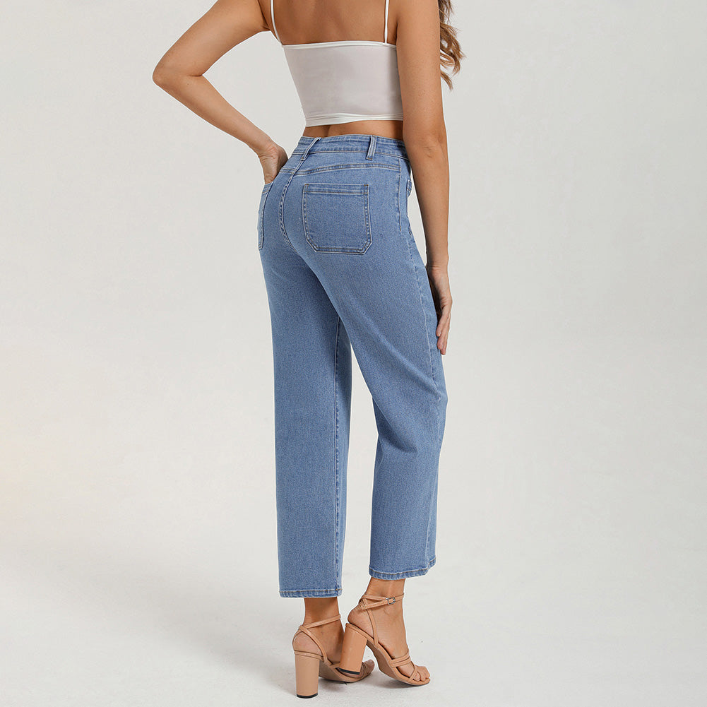 belle poque Women's Straight Leg Jeans Mid Rise Wide Leg Denim Pants with Pockets
