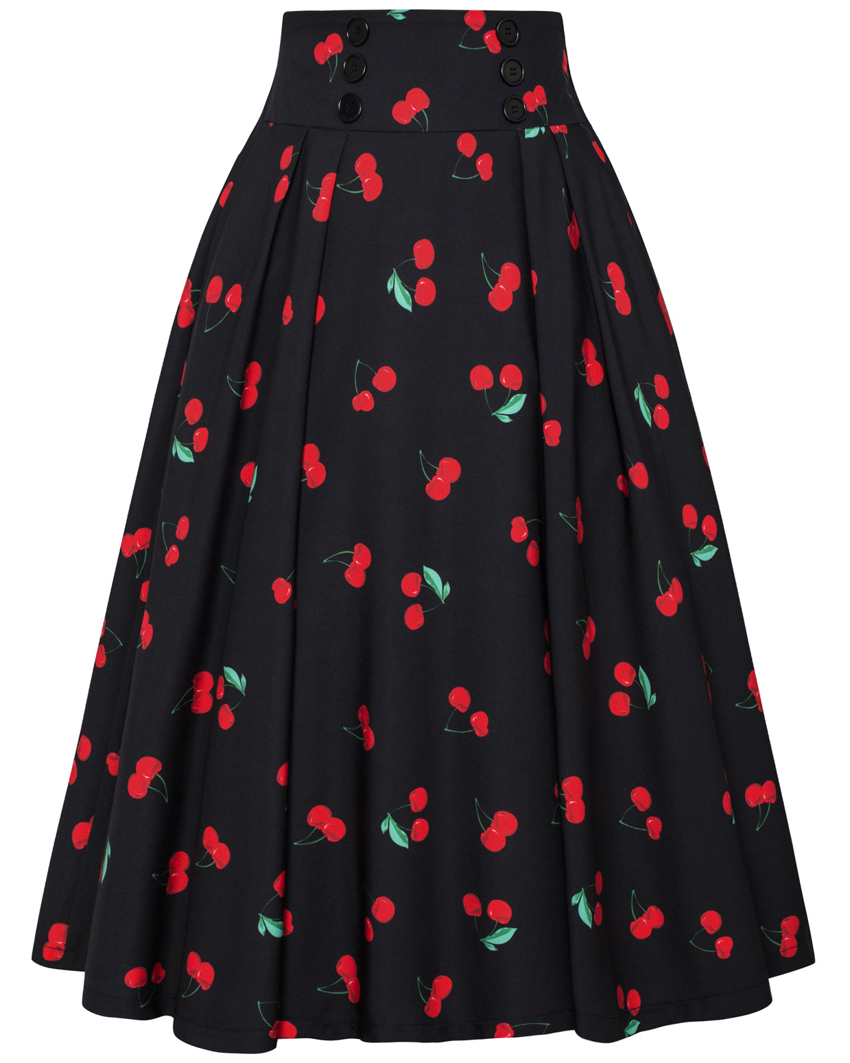belle poque Pleated Buttons Decorated Elastic Waist High Waist Swing A-Line Skirt with Pockets Cherry