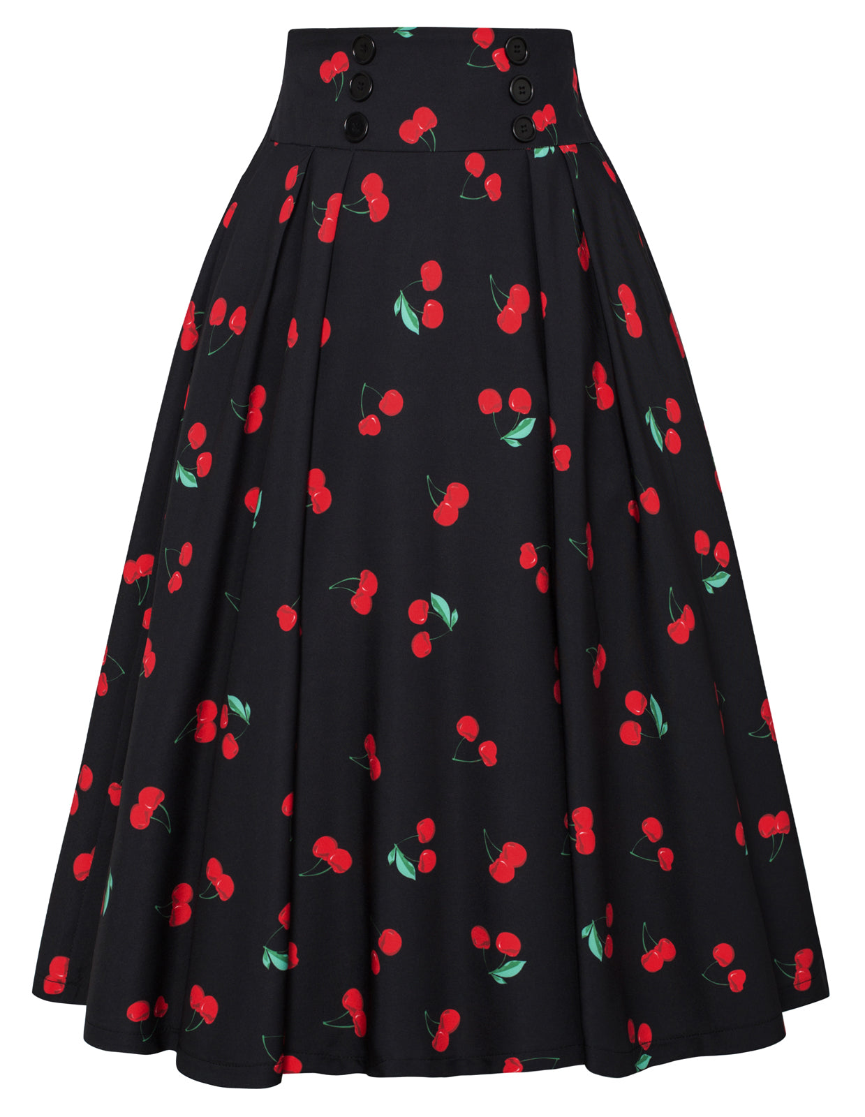 belle poque Pleated Buttons Decorated Elastic Waist High Waist Swing A-Line Skirt with Pockets Cherry