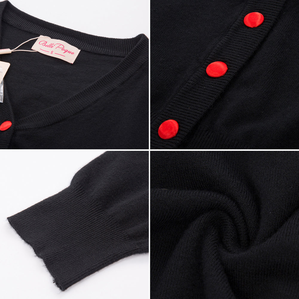 belle poque Women's 3/4 Sleeve Button Down Cherries Embroidery Cropped Cardigan Sweater Coat