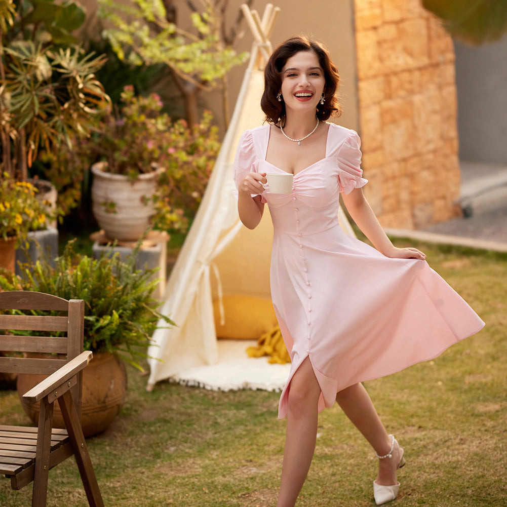 belle poque Vintage Strawberry Patterns Front Slit Dress Puffed Short Sleeve Sweetheart Neck Dress