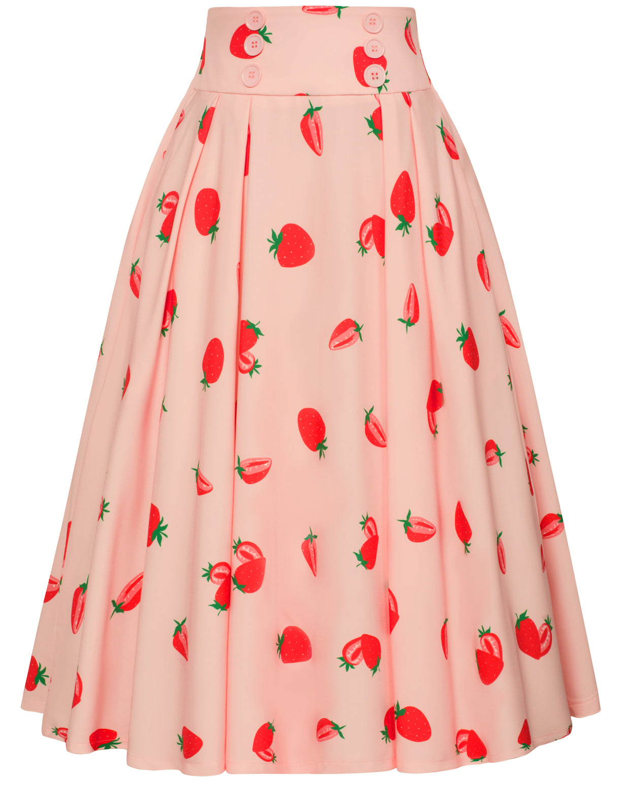 belle poque Pleated Buttons Decorated Elastic Waist High Waist Swing A-Line Skirt with Pockets Strawberry