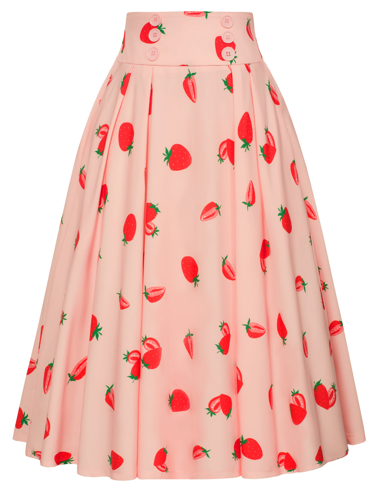 belle poque Pleated Buttons Decorated Elastic Waist High Waist Swing A-Line Skirt with Pockets Strawberry
