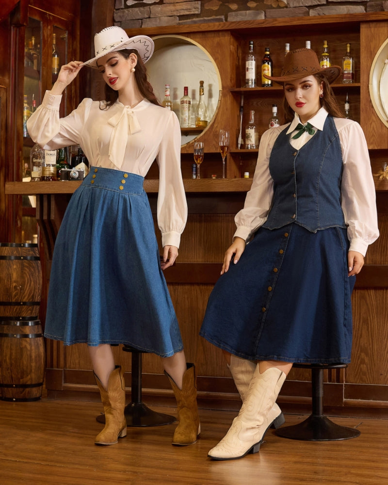 belle poque Swing Jean Skirt Elastic High Waist Buttons Decorated Skirt