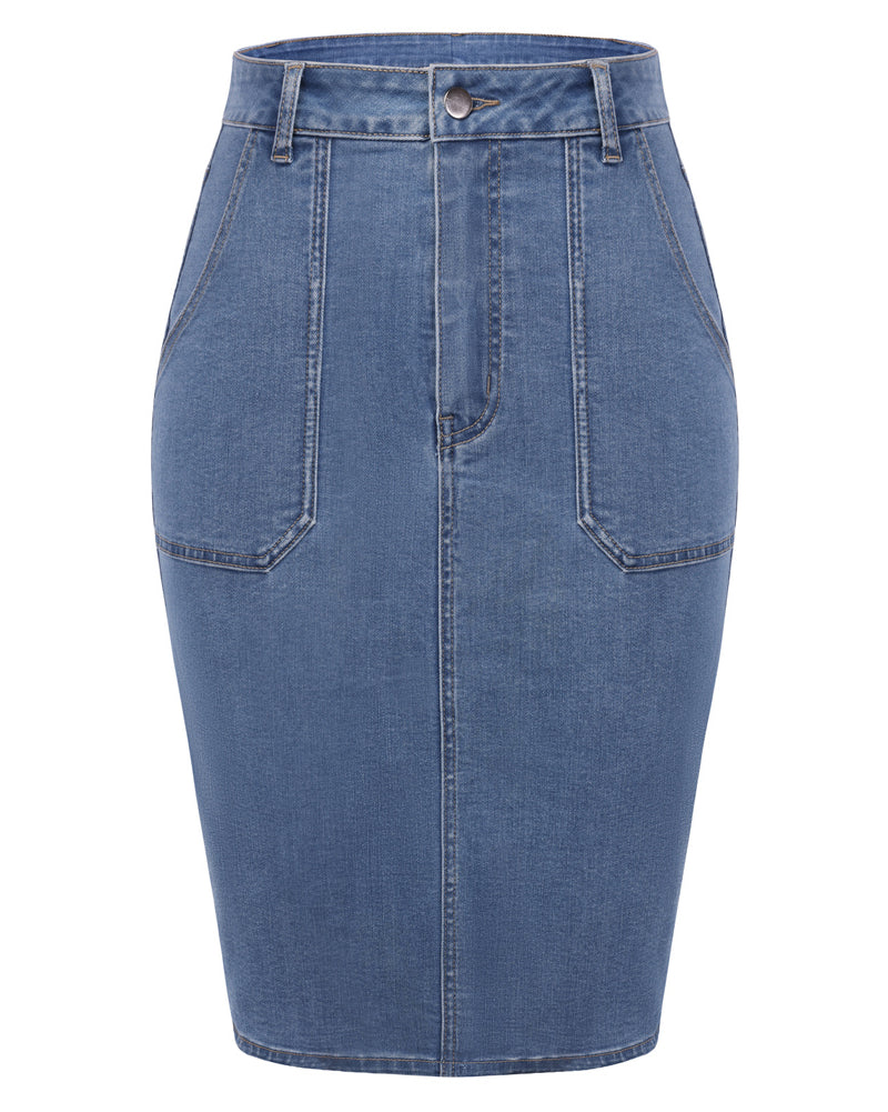 belle poque 1980s Vintage Women's Denim Skirt Knee Length Jean Skirt with Pockets Light Blue