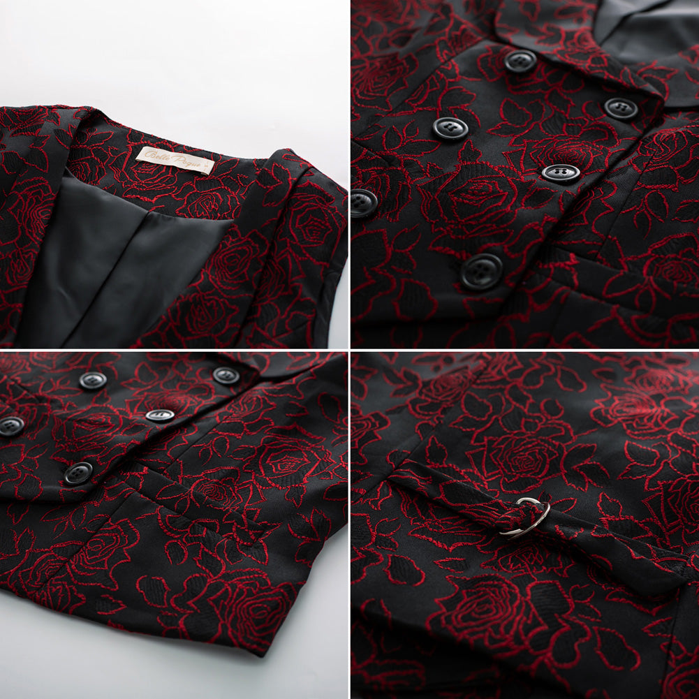 belle poque Vintage Floral Printed Double Breasted Vest Deep V-Neck Handkerchief Hem Vest Coat