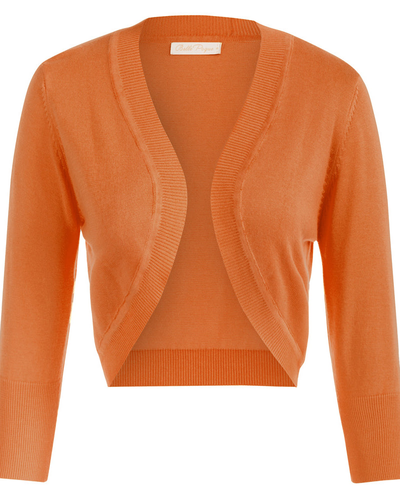 belle poque 3/4 Sleeve Bolero Shrug Open Front Knit Cropped Cardigan Sweater Orange