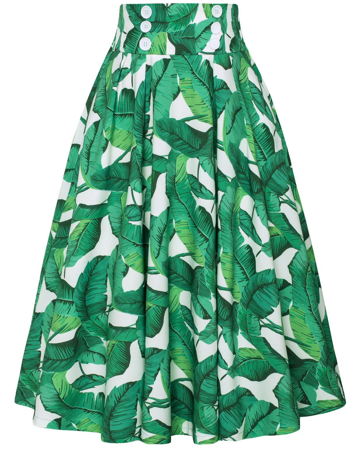 belle poque Pleated Buttons Decorated Elastic Waist High Waist Swing A-Line Skirt with Pockets Leaf