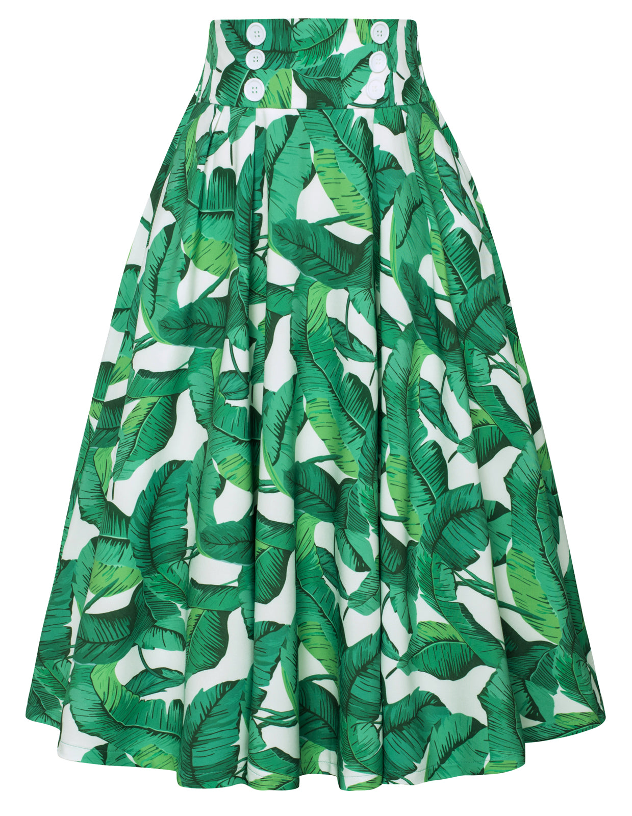 belle poque Pleated Buttons Decorated Elastic Waist High Waist Swing A-Line Skirt with Pockets Leaf