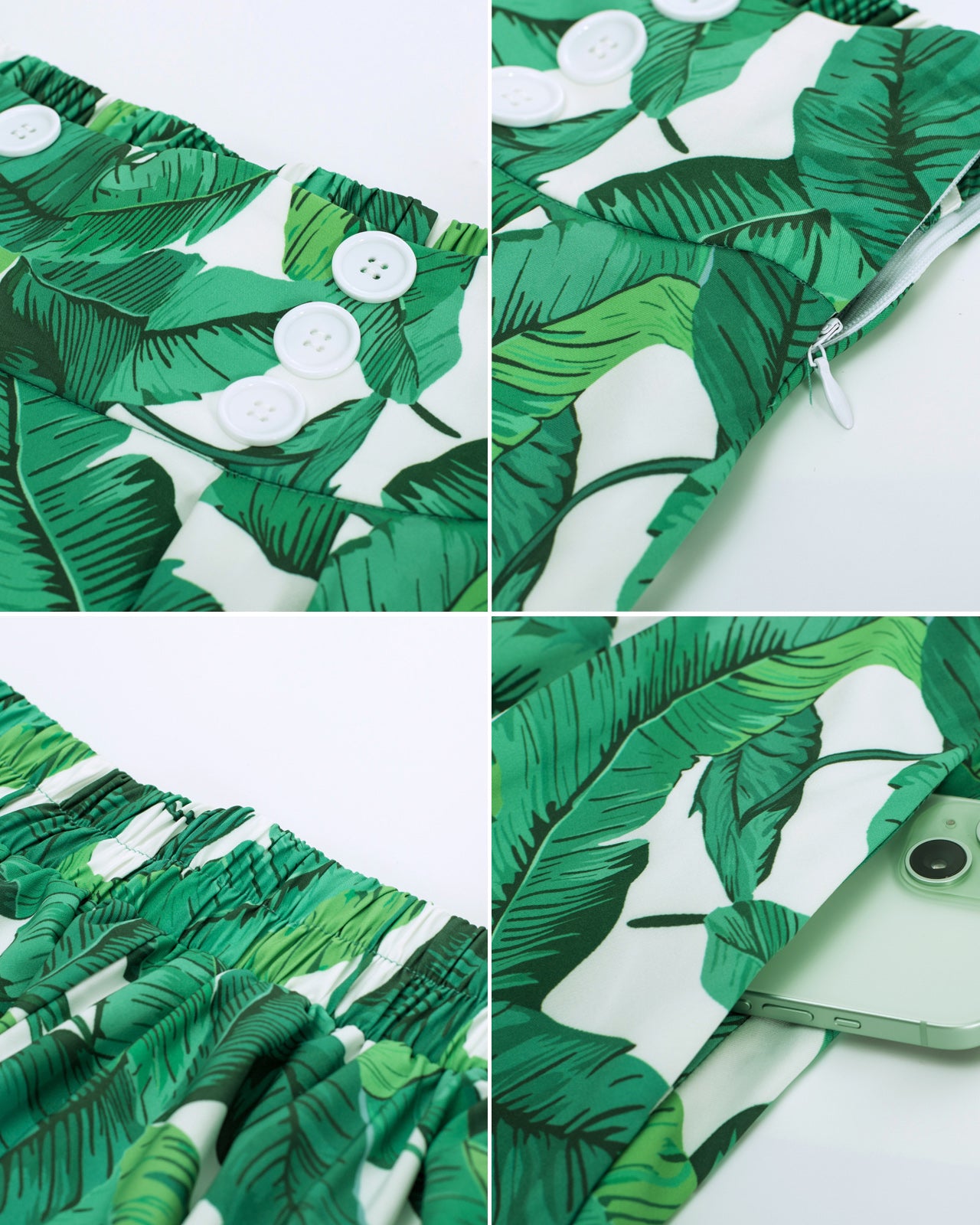 belle poque Pleated Buttons Decorated Elastic Waist High Waist Swing A-Line Skirt with Pockets