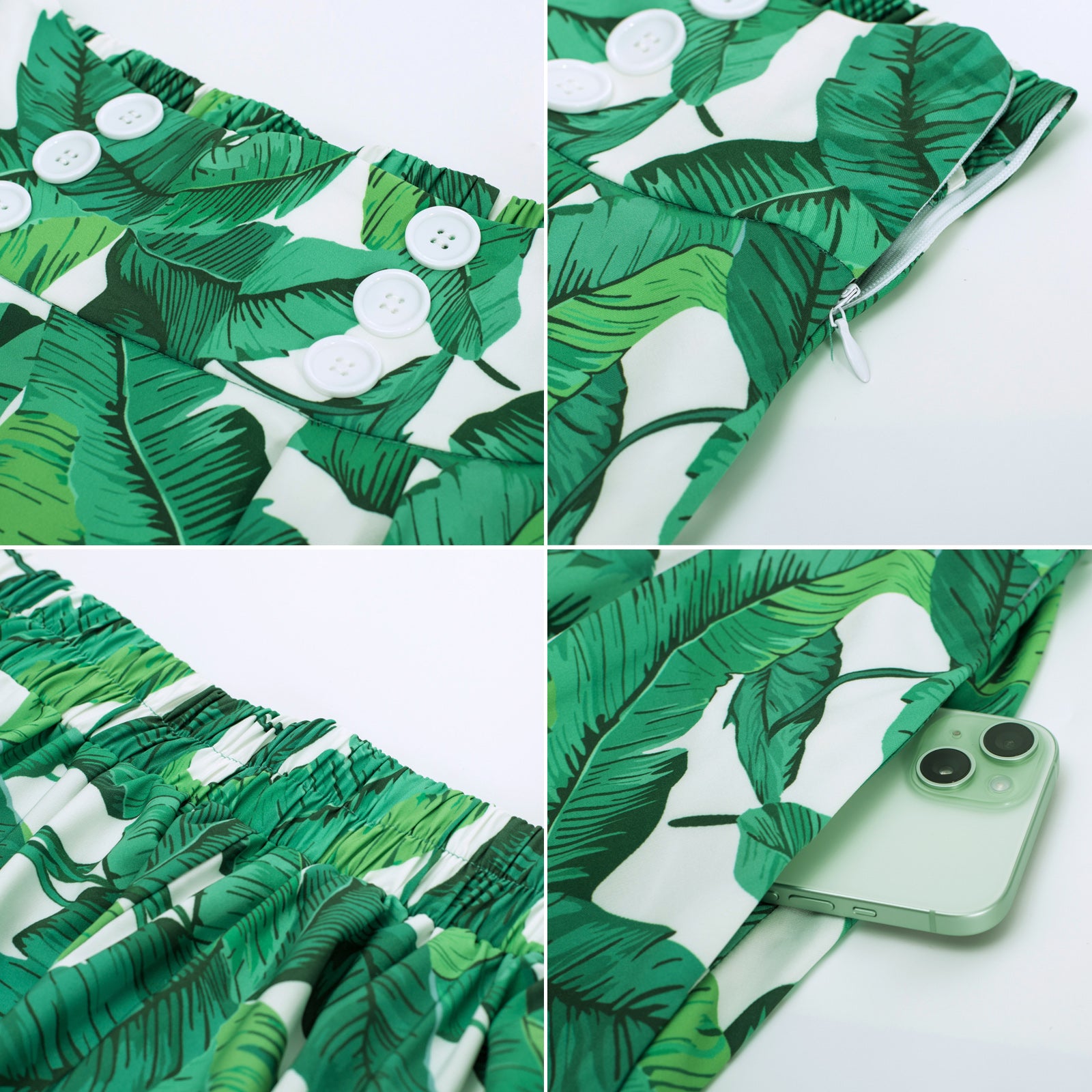 belle poque Pleated Buttons Decorated Elastic Waist High Waist Swing A-Line Skirt with Pockets