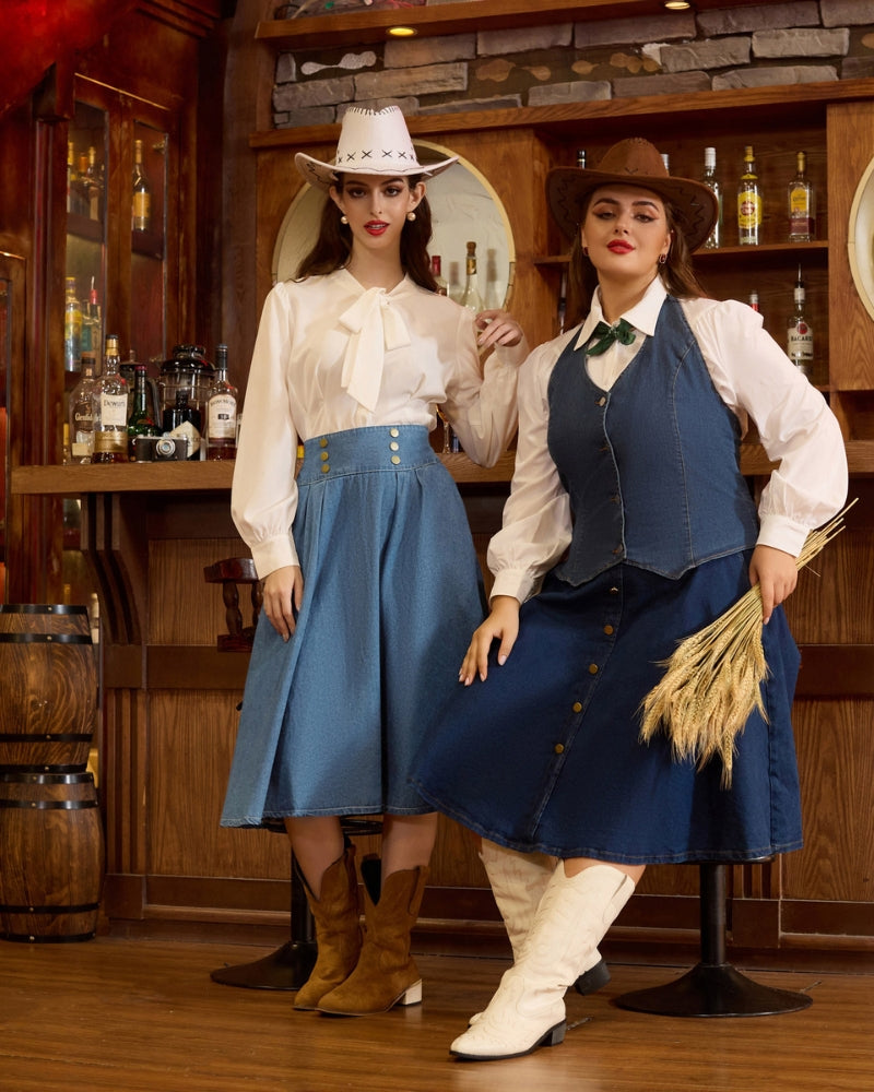 belle poque Swing Jean Skirt Elastic High Waist Buttons Decorated Skirt