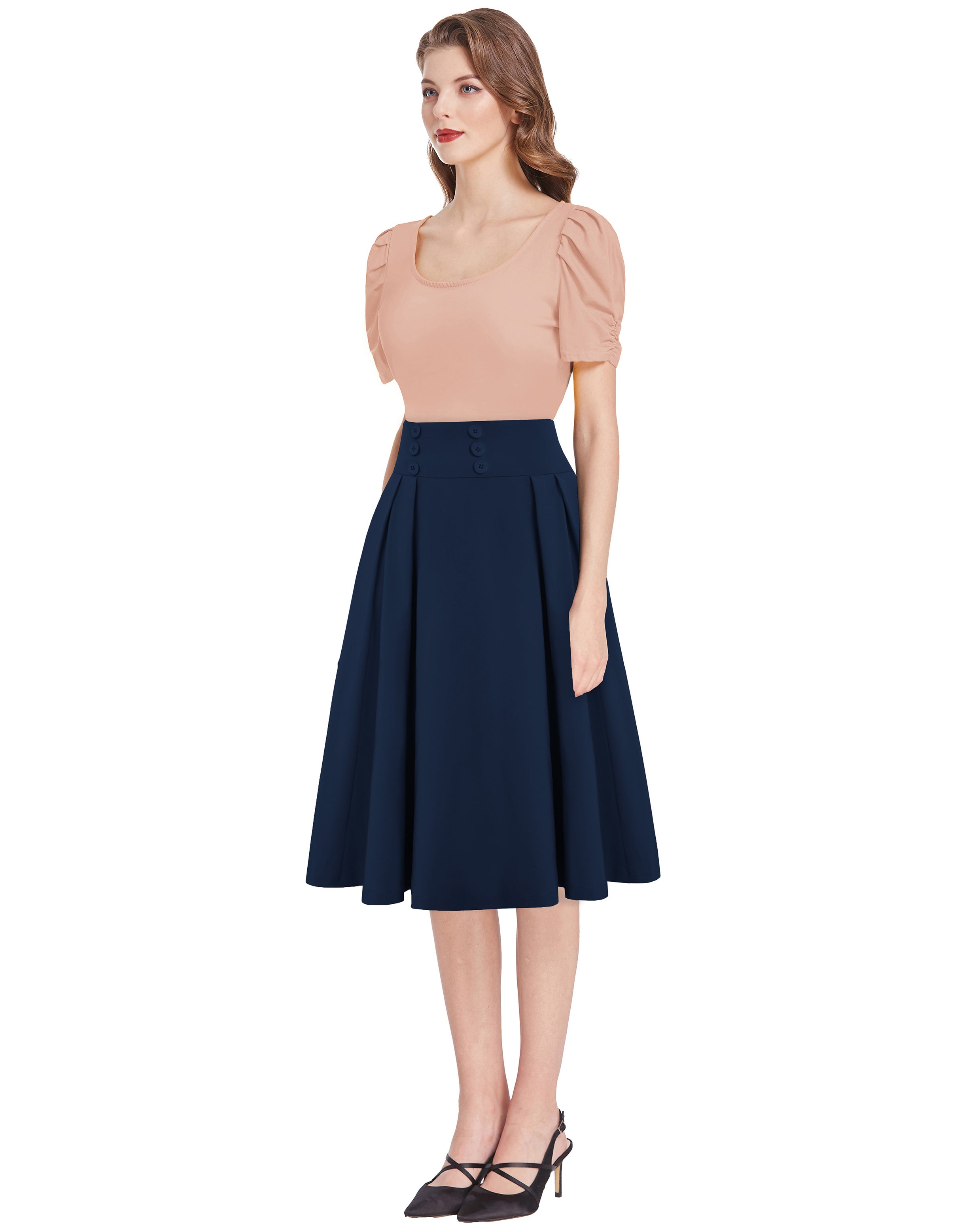 belle poque Women's Vintage Pleated Buttons Elastic Waist High A-Line Skirt