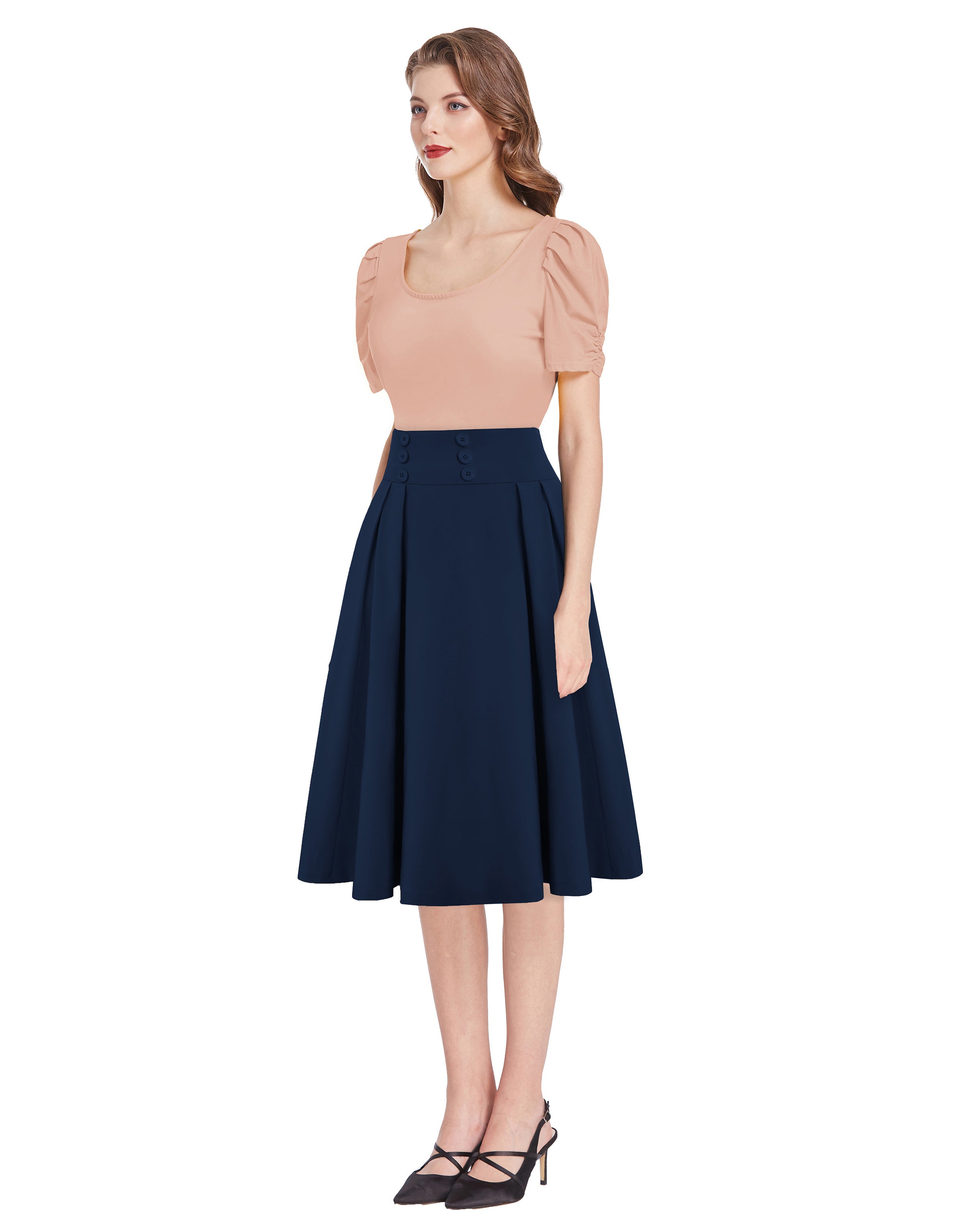 belle poque Women's Vintage Pleated Buttons Elastic Waist High A-Line Skirt