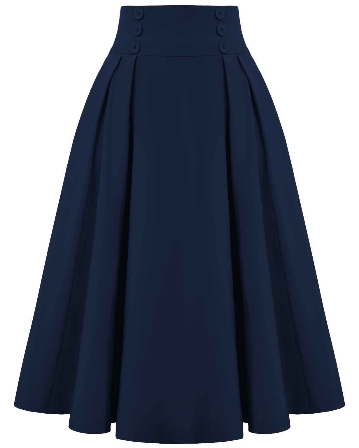 belle poque Women's Vintage Pleated Buttons Elastic Waist High A-Line Skirt Dark Blue