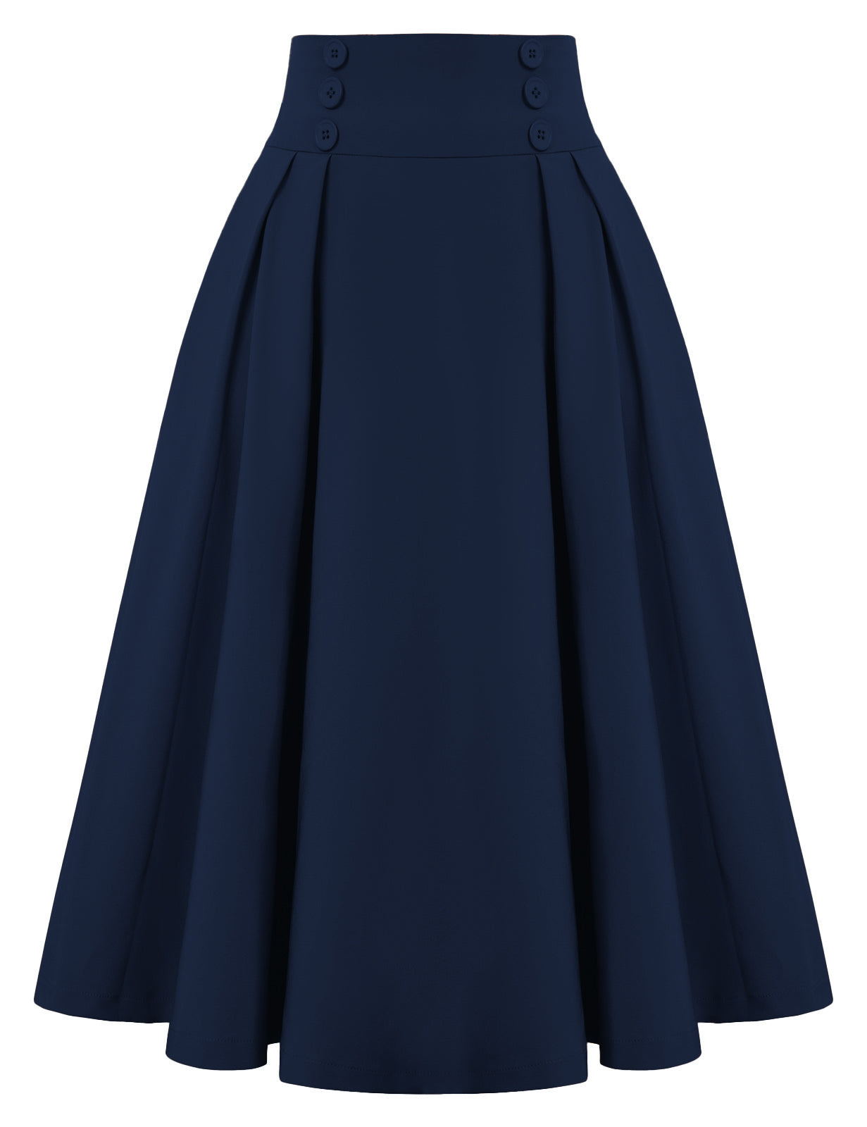 belle poque Women's Vintage Pleated Buttons Elastic Waist High A-Line Skirt Dark Blue