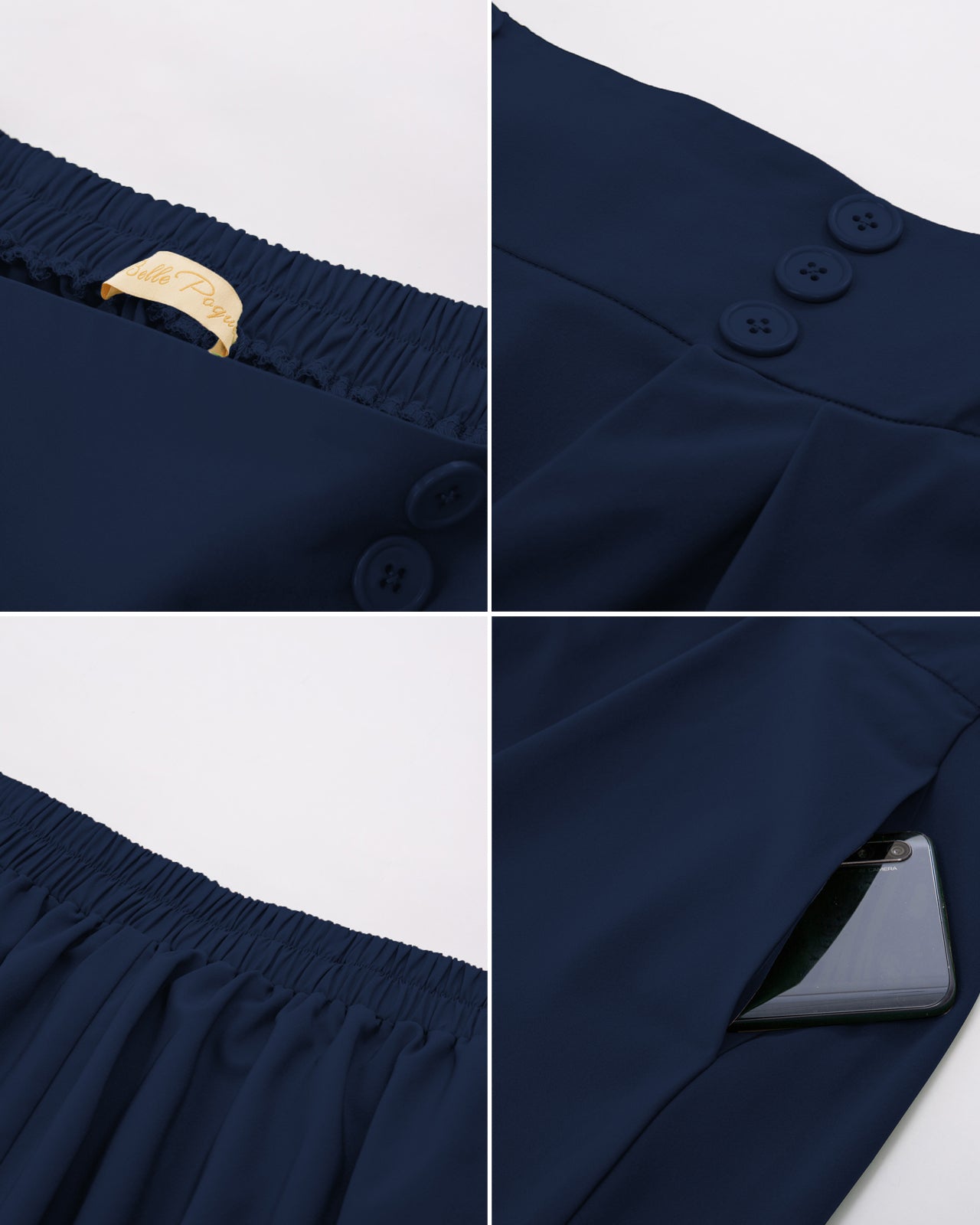 belle poque Women's Vintage Pleated Buttons Elastic Waist High A-Line Skirt