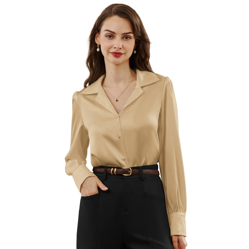 belle poque Women Vintage Shirt OL Long Sleeve Lapel Collar V-Neck Button-up Tops