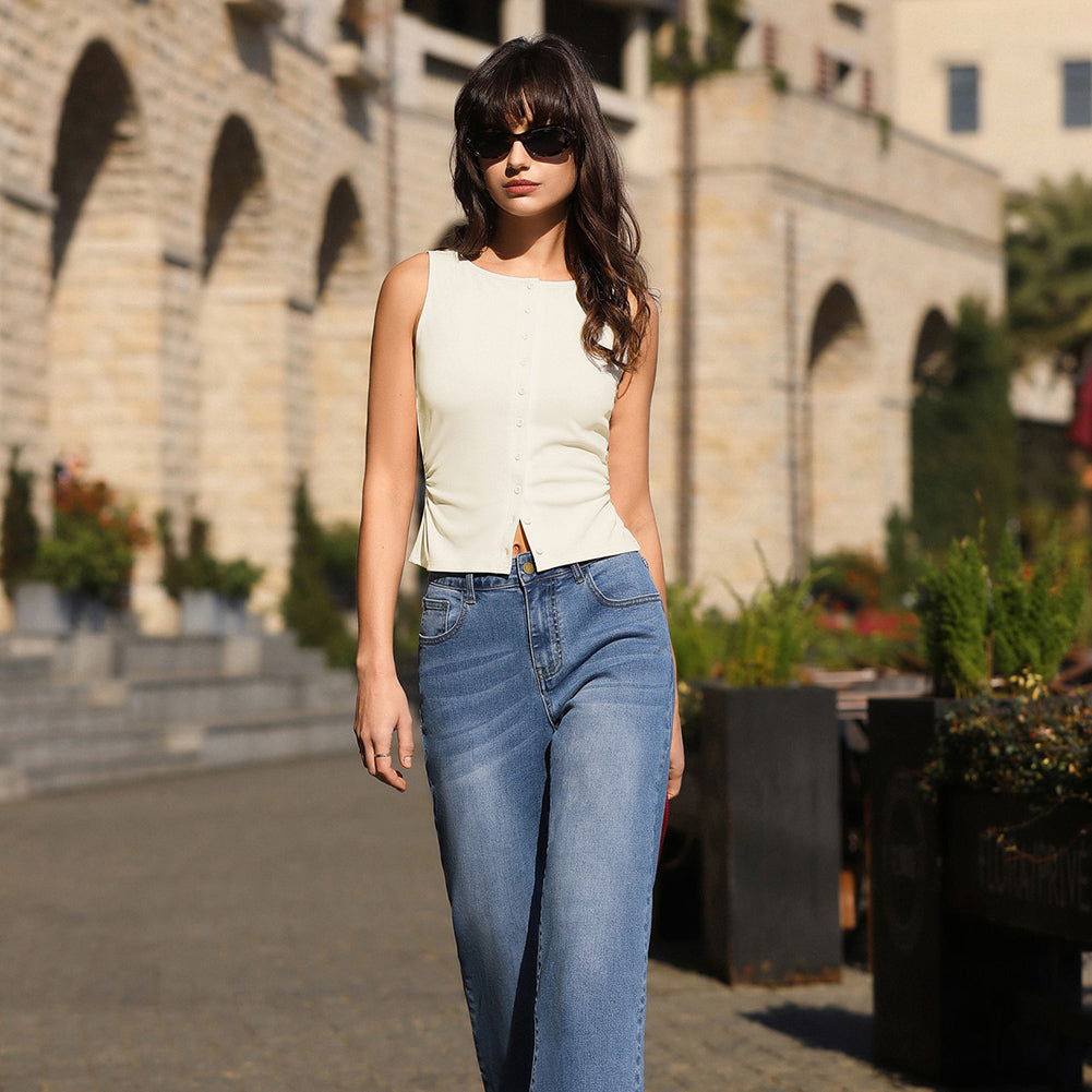 belle poque Button Down Tank Tops Ribbed Summer Vest for Work Going Out
