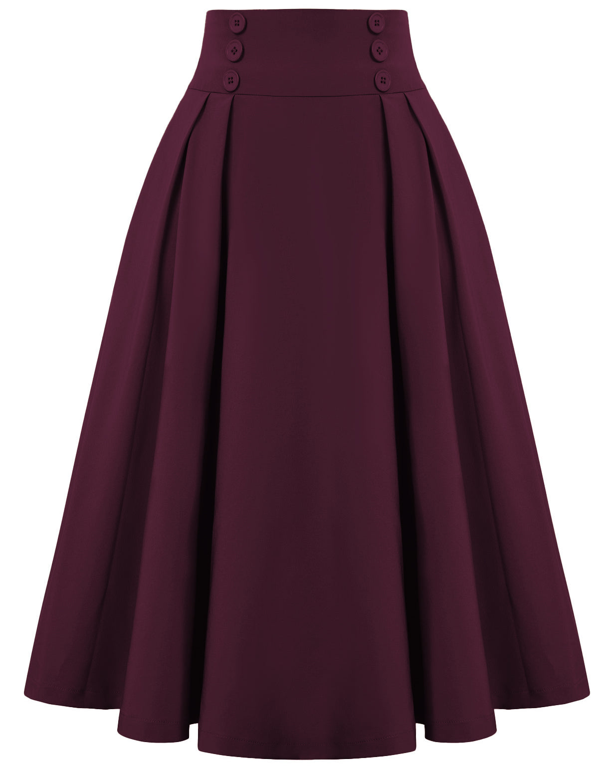 belle poque Women's Vintage Pleated Buttons Elastic Waist High A-Line Skirt Dark Red