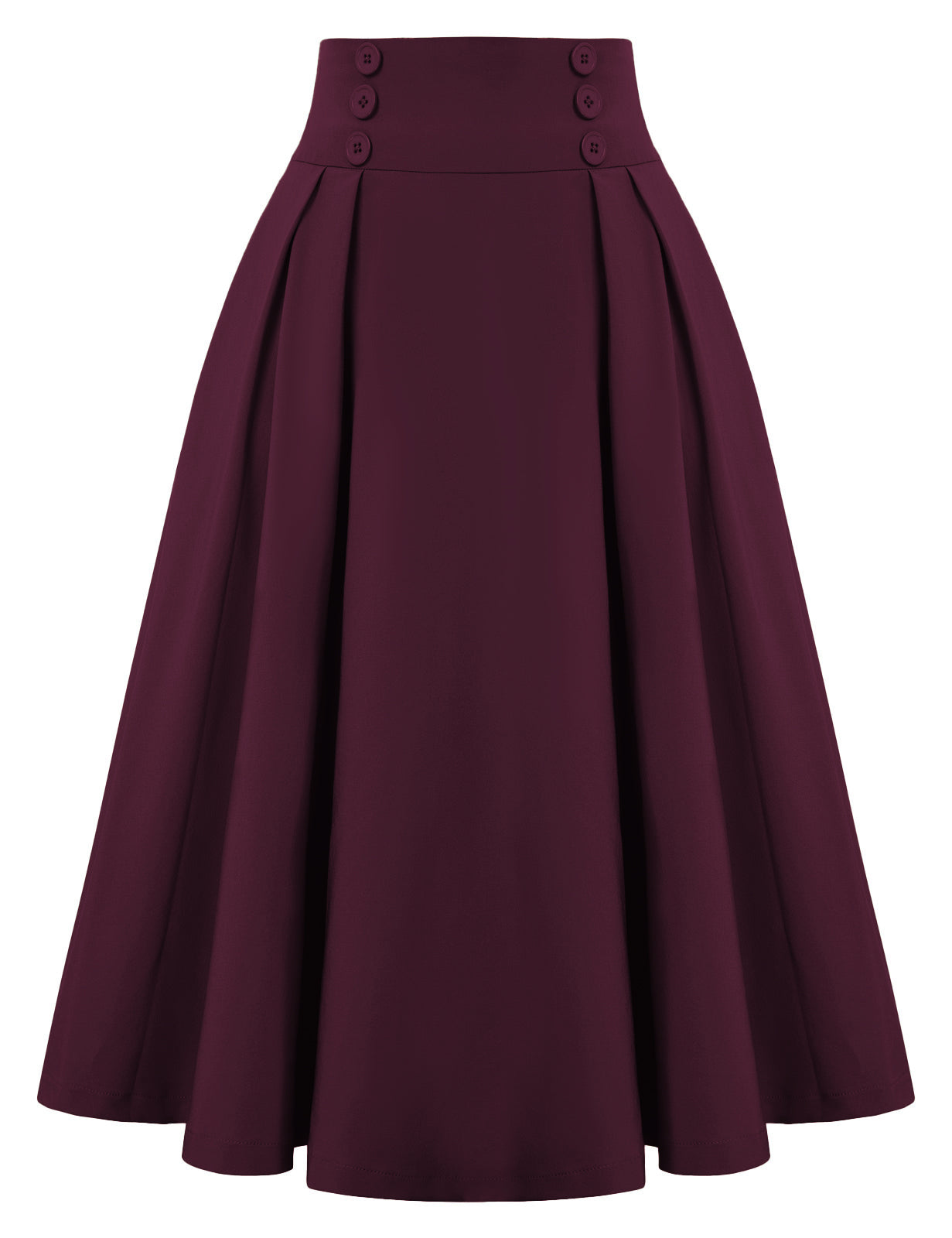 belle poque Women's Vintage Pleated Buttons Elastic Waist High A-Line Skirt Dark Red