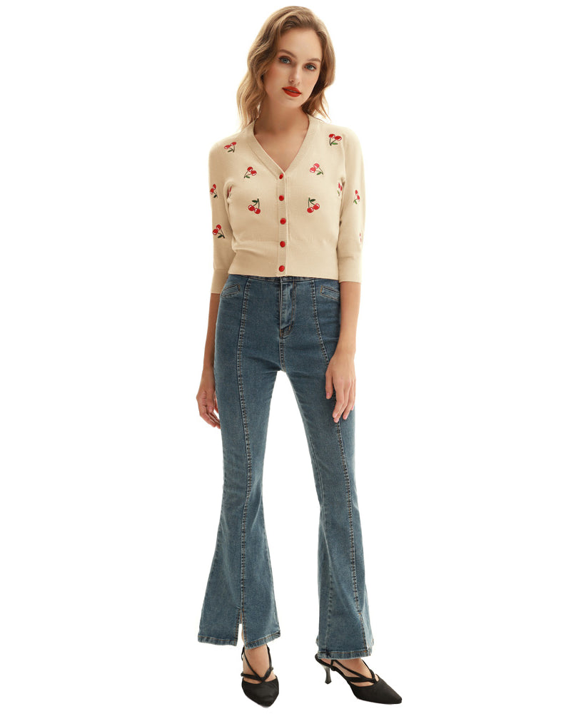 belle poque 3/4 Sleeve V-Neck Button Down Cherries Embroidery Cropped Cardigan Sweater Coat