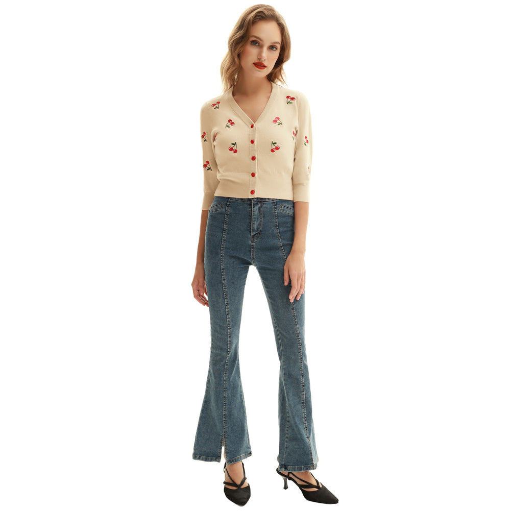 belle poque Women's 3/4 Sleeve Button Down Cherries Embroidery Cropped Cardigan Sweater Coat