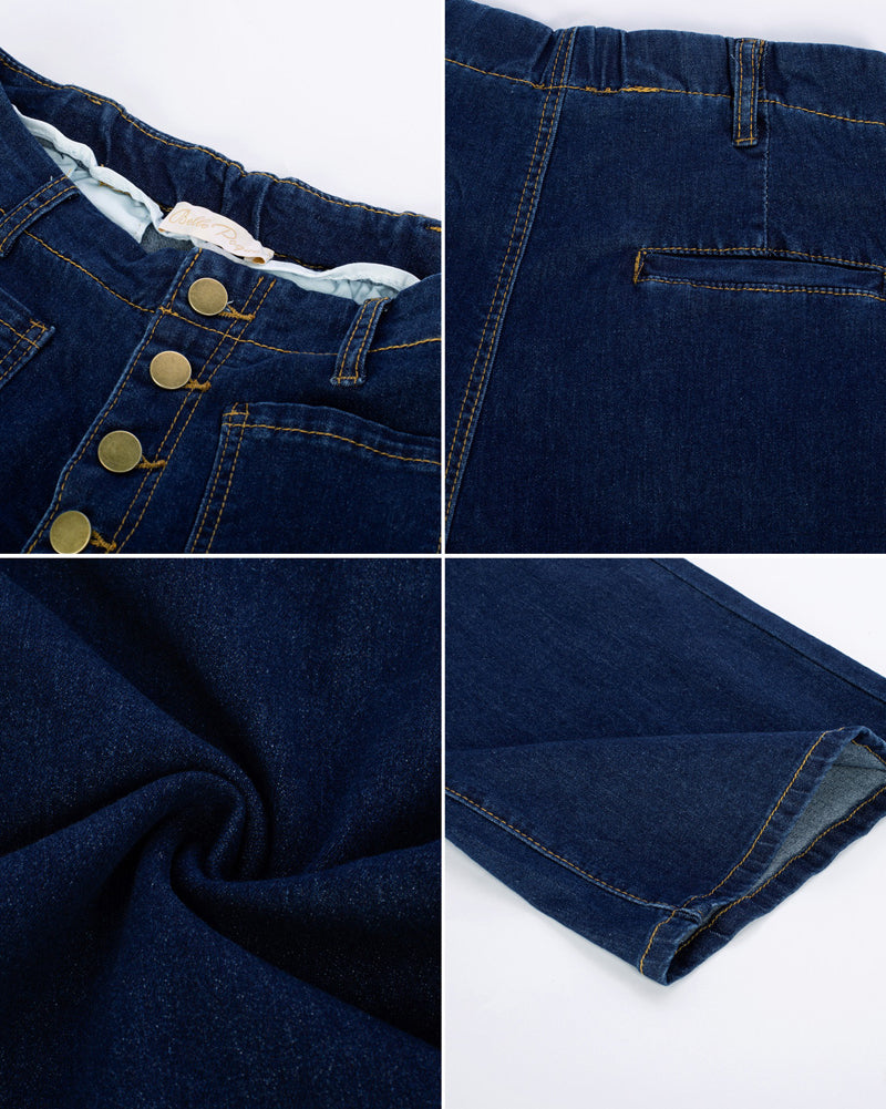 belle poque Vintage Straight Leg High Waisted Elastic Waist Multi-Pocket Flare Denim Pants