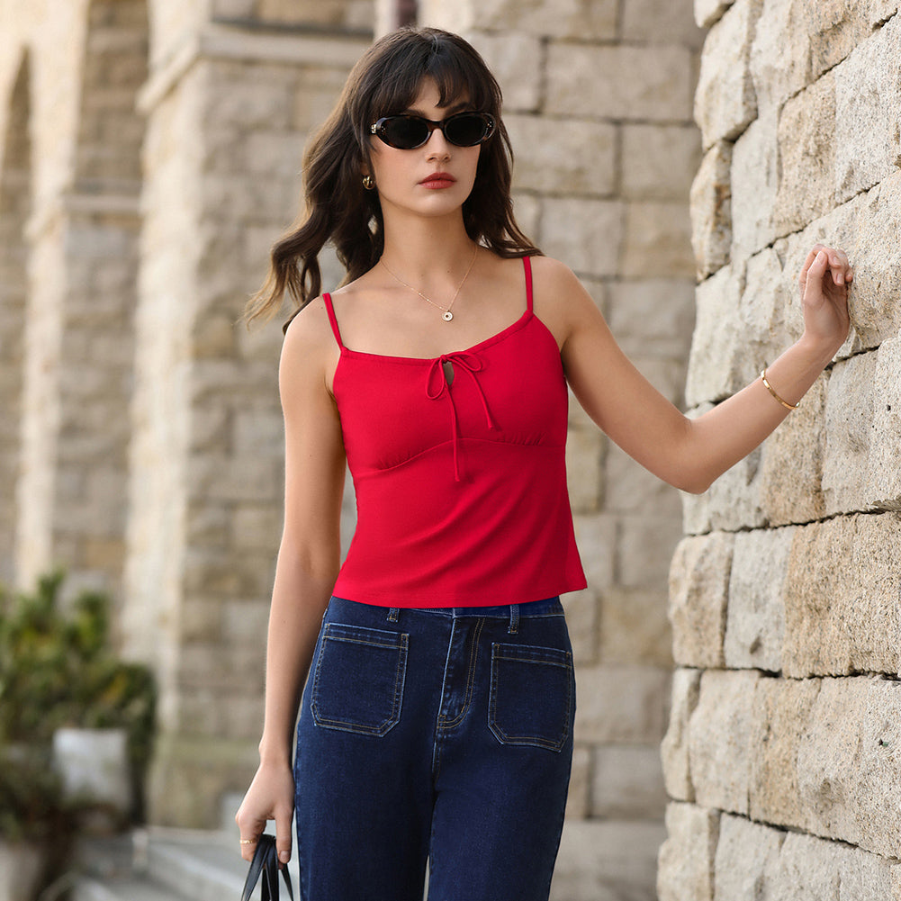 belle poque 2026 Summer Women's Tie Front Spaghetti Strap Top Sexy Cutout Crop Tank Top