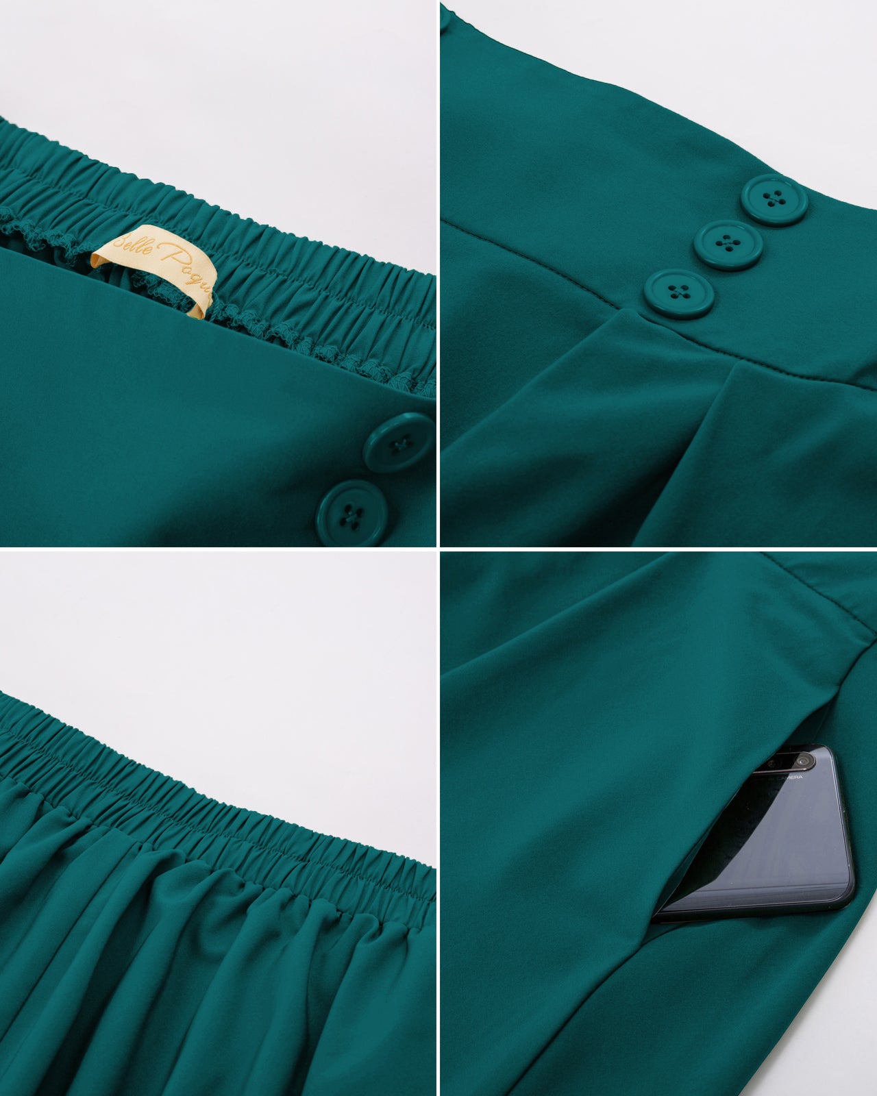 belle poque Women's Vintage Pleated Buttons Elastic Waist High A-Line Skirt