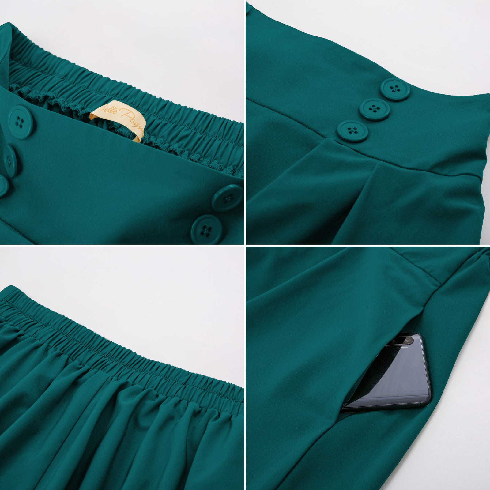 belle poque Women's Vintage Pleated Buttons Elastic Waist High A-Line Skirt