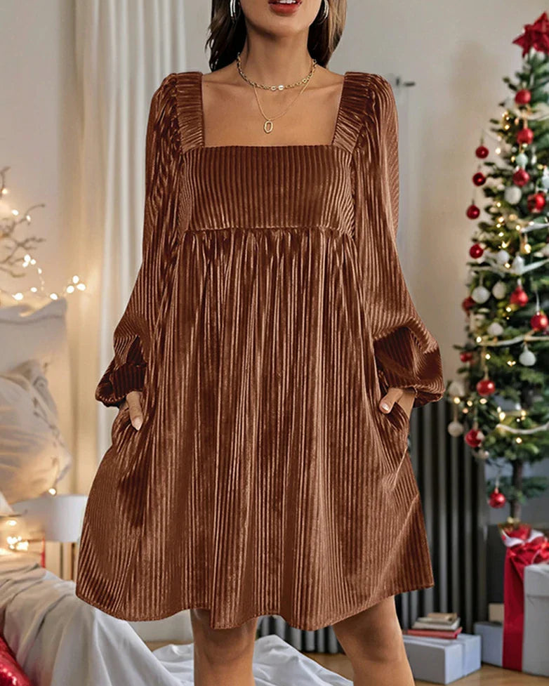 belle poque New Winter Christmas Warm Velvet Pockets Dress Brown
