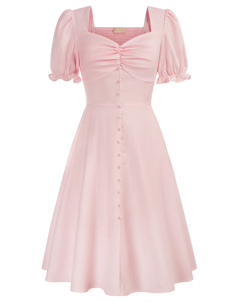 belle poque Vintage Strawberry Patterns Front Slit Dress Puffed Short Sleeve Sweetheart Neck Dress Pink