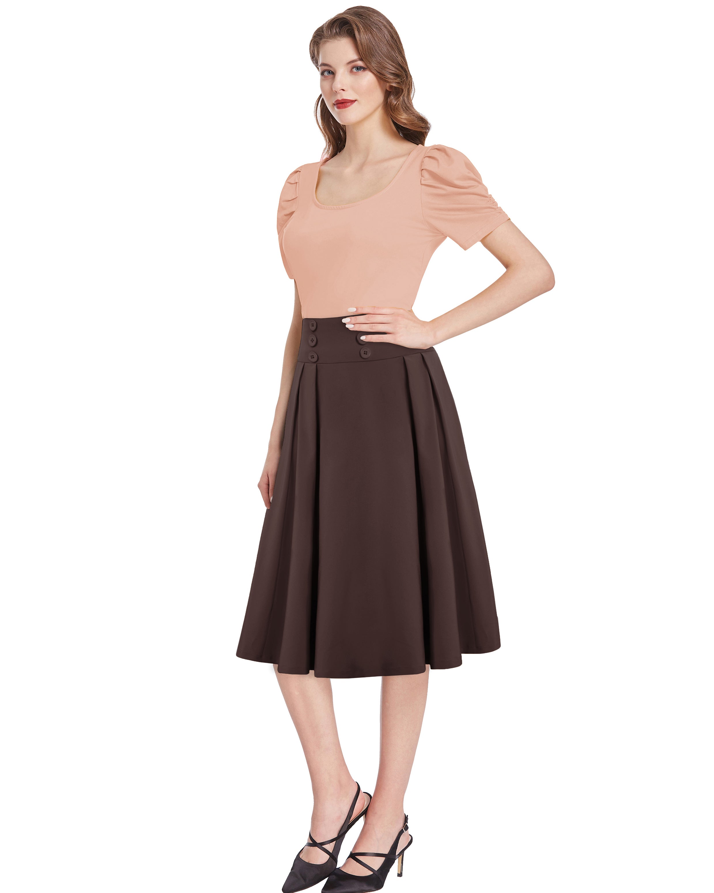 belle poque Women's Vintage Pleated Buttons Elastic Waist High A-Line Skirt