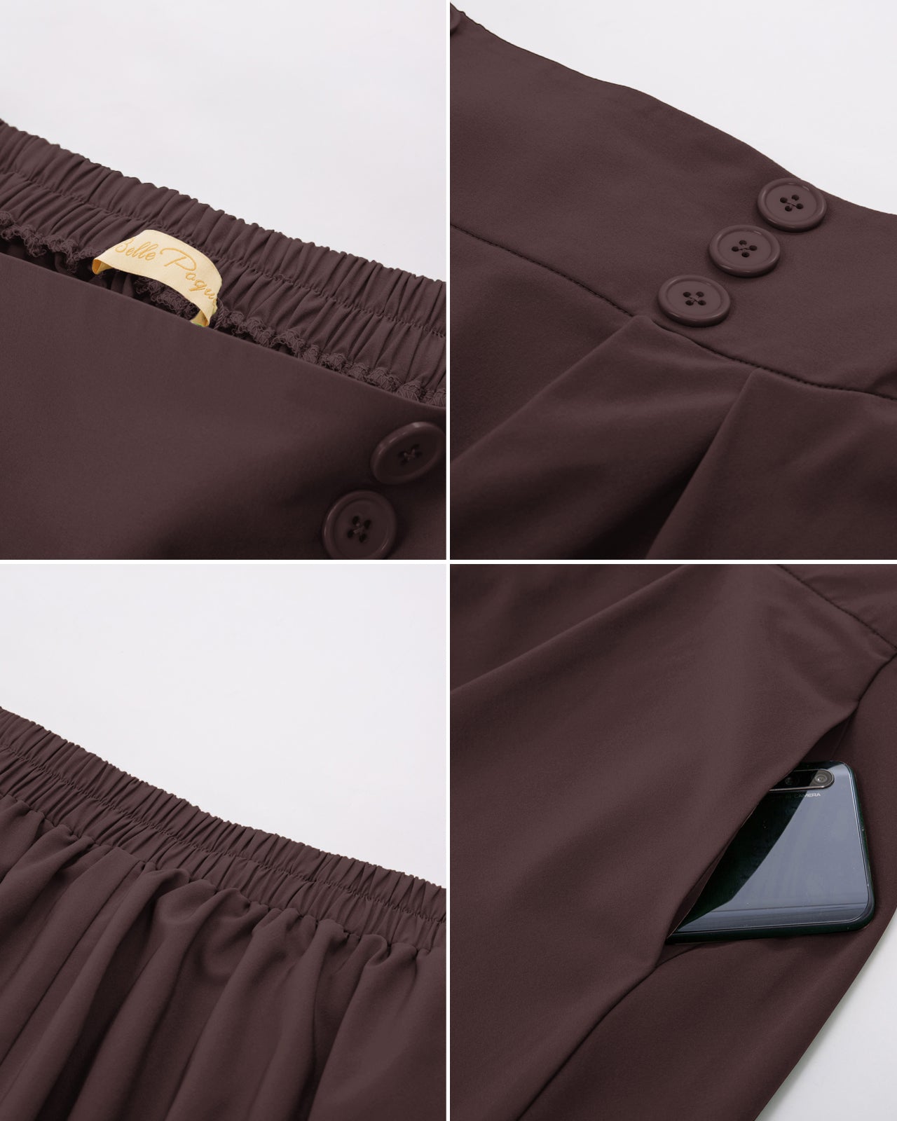 belle poque Women's Vintage Pleated Buttons Elastic Waist High A-Line Skirt