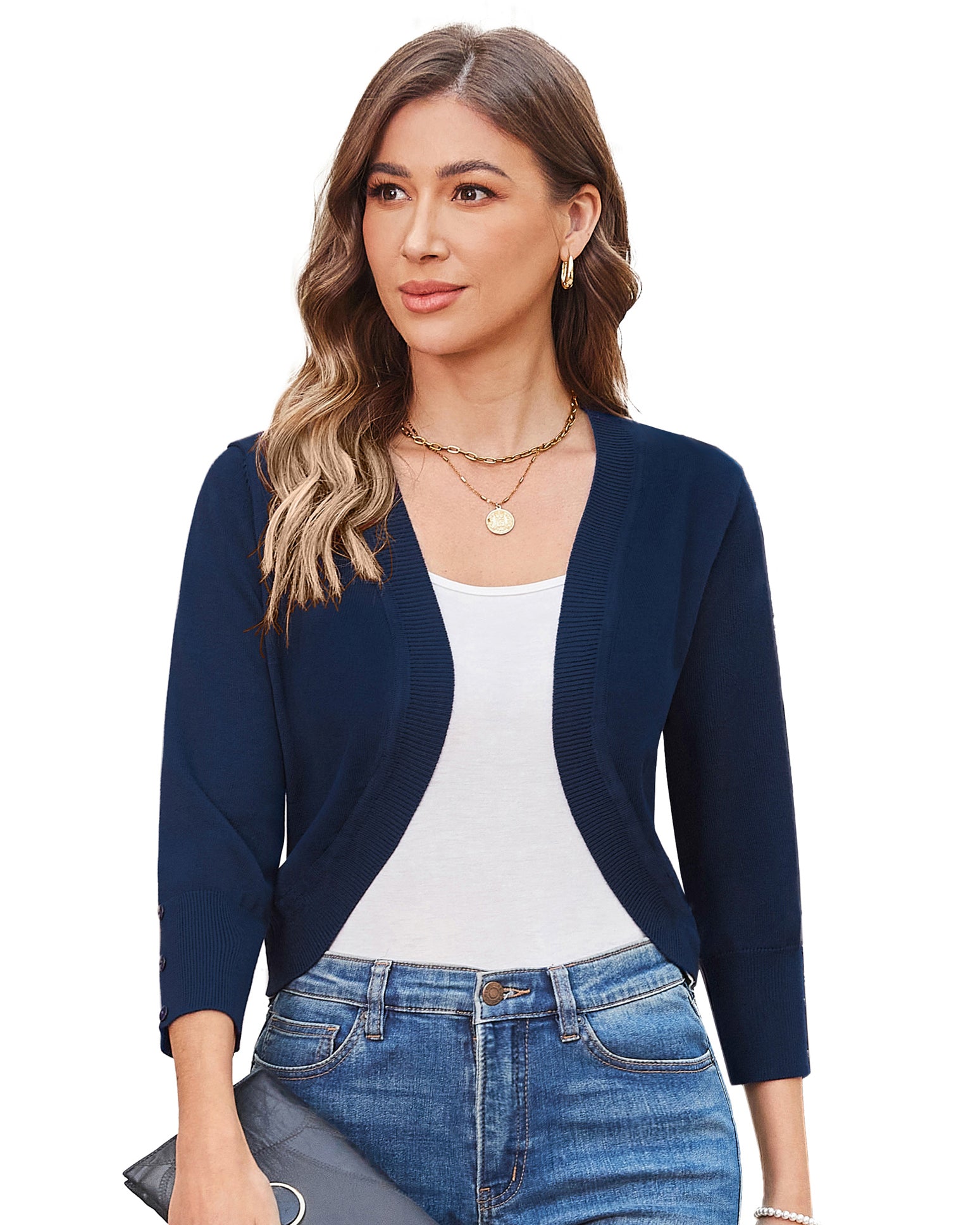 belle poque 3/4 Sleeve Bolero Shrug Open Front Knit Cropped Cardigan Sweater