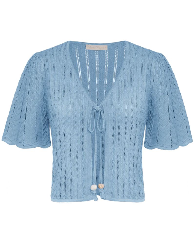 belle poque Summer Lightweight Bolero Shrug Tie Front 1/2 Sleeve Open Front Knit Cropped Cardigan Blue