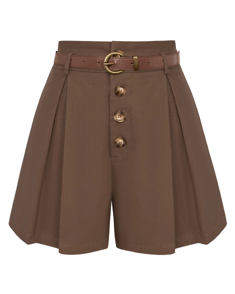belle poque Womens Shorts Casual High Waisted Summer Pleated Wide Leg Shorts with Pockets and Belt Coffee