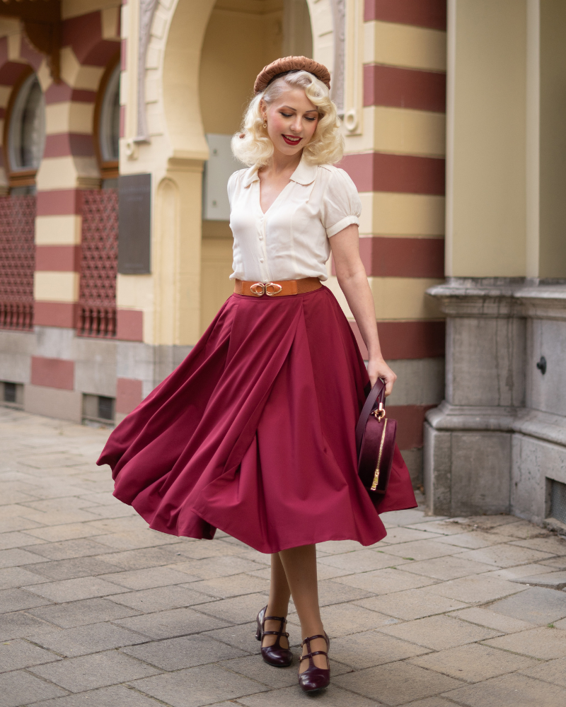 belle poque Vintage Skirts with Side Slit High Waisted Midi A-Line Flowy Skirts with Pockets