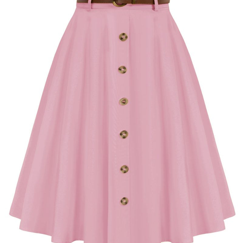 belle poque Swing Skirt with Belt Elastic High Waist Buttons Decorated Skirt Pink