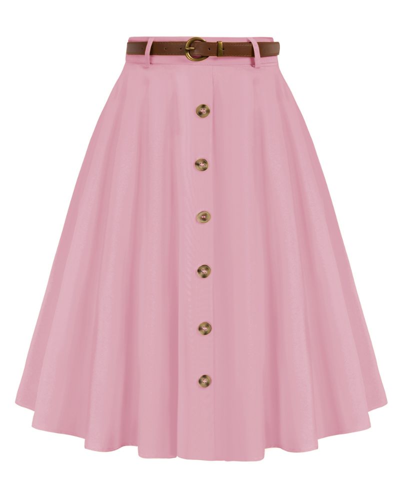 belle poque Swing Skirt with Belt Elastic High Waist Buttons Decorated Skirt Pink