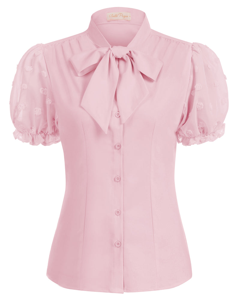 belle poque Bow-Knot Decorated Shirt Short Sleeve Stand Collar Tops Pink